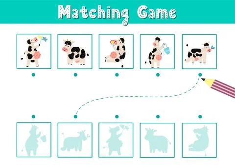Find the correct shadow matching game with cute cows. Funny activity page for Stock Illustration