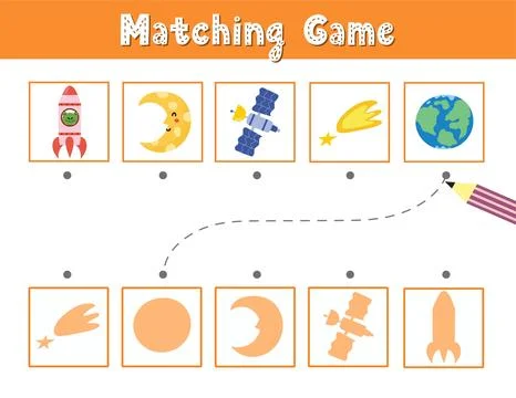 Find the correct shadow matching game with cute space characters and elements Stock Illustration