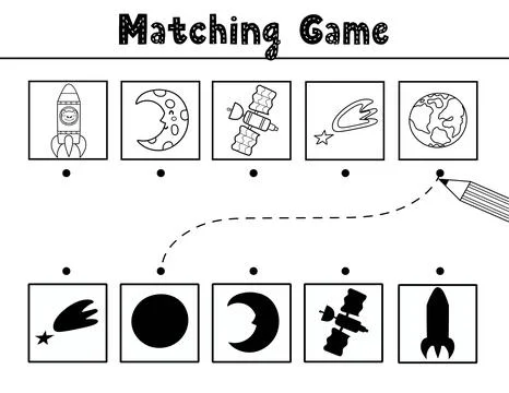 Find the correct shadow matching game with cute space characters and elements 스톡 일러스트