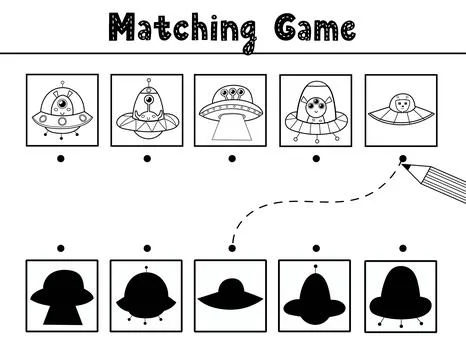Find the correct shadow matching game with cute aliens in flying saucers Stock Illustration