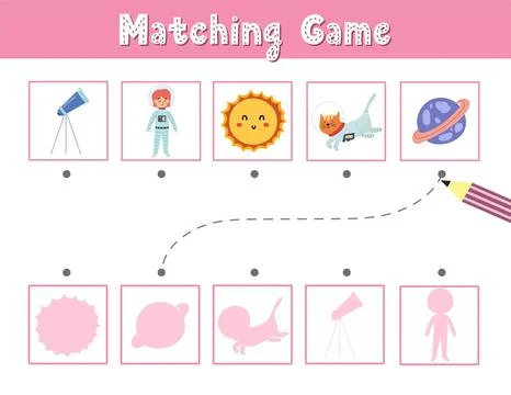 Find the correct shadow matching game with cute space characters and elements Stock Illustration