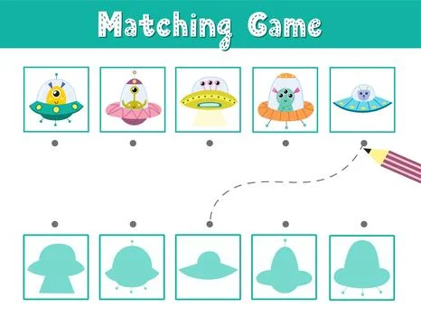 Find the correct shadow matching game with cute aliens in flying saucers Stock Illustration