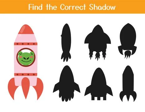 Find the correct shadow matching game with cute frog in a rocket. Space activity Stock Illustration