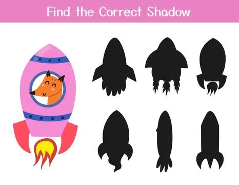 Find the correct shadow matching game with cute fox in a rocket. Space activity Stock Illustration
