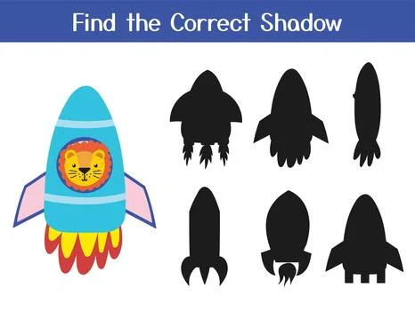 Find the correct shadow matching game with cute lion in a rocket. Space activity Stock Illustration