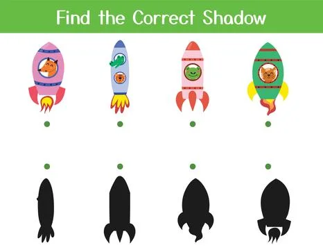 Find the correct shadow matching game with cute animals in rockets. Space Stock Illustration