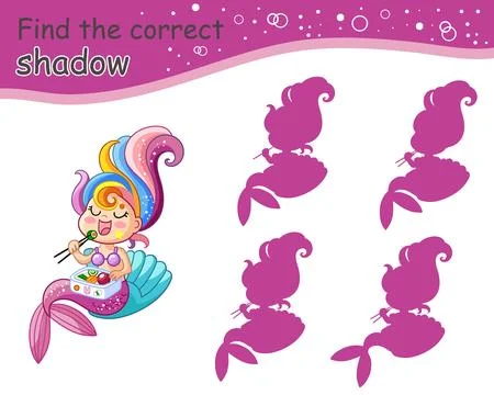 Find the correct shadow mermaid worksheet for children vector Stock Illustration