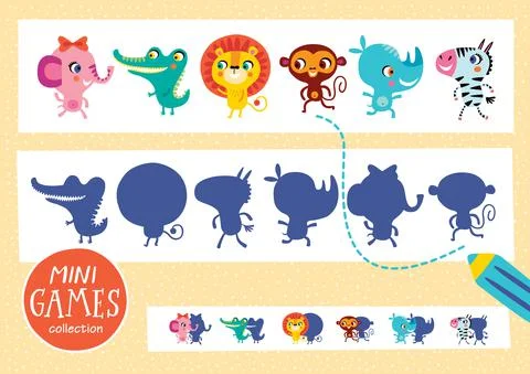 Find the correct shadow. Mini games collections. African animals. Stock Illustration