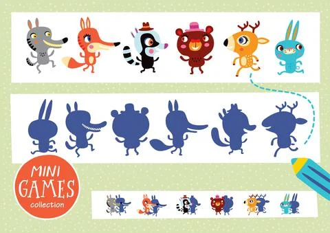 Find the correct shadow. Mini games collections. Forest animals. Illustrazione stock