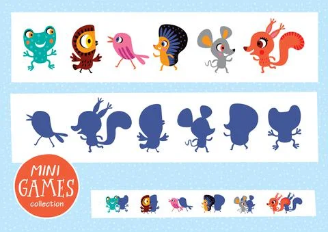Find the correct shadow. Mini games collections. Forest animals. Illustrazione stock