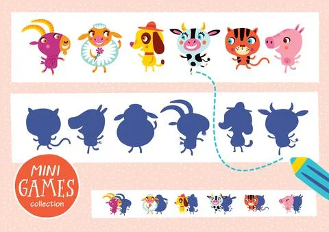 Find the correct shadow. Mini games collections. Farm animals. Stock Illustration
