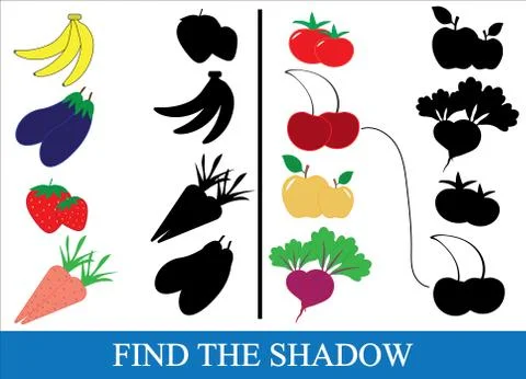 Find the correct shadow of objects of vegetables, berries and fruits. Game fo Illustrazione stock