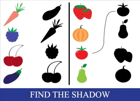 Find the correct shadow of objects of vegetables, berries and fruits. Game fo Illustrazione stock