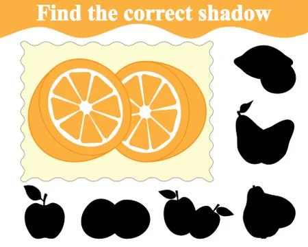 Find the correct shadow of orange. Education. Game for children. Vector illus Stockillustratie