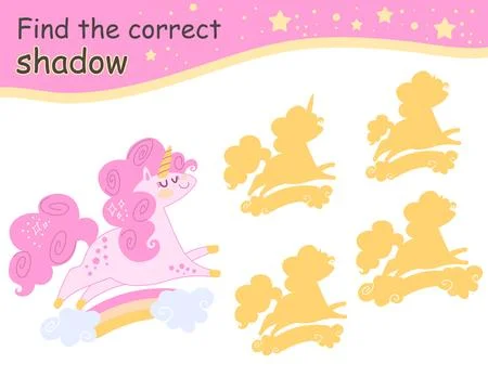 Find correct shadow pink funny unicorn vector Illustrazione stock