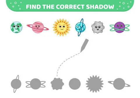 Find the correct shadow. Planets of Solar system. Shadow matching game. Cartoon Stock Illustration