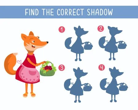 Find correct shadow. Puzzle game for children. Cute mother fox in apron with Stock Illustration