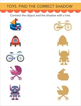 Find correct shadow. Puzzle Game for children. Cute cartoon style objects. Toys Stock Illustration