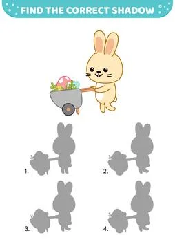 Find the correct shadow. Rabbit, garden cart, big Easter egg. Shadow matching Stock Illustration