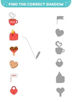 Find the correct shadow. Red elements of Valentines day. Shadow matching game イラスト素材