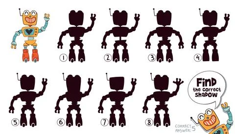 Find the correct shadow. Retro robot. Choose right silhouette Stock Illustration