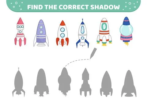 Find the correct shadow. Rocket, little rockets. Shadow matching game. Cartoon Illustrazione stock