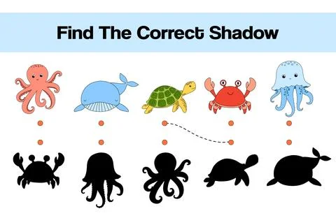Find correct shadow with sea animals. Game worksheet. Cute crab, turtle and w Stock Illustration