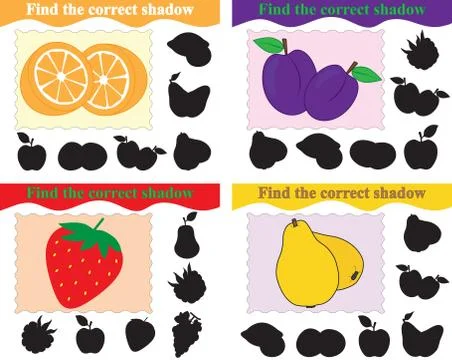 Find the correct shadow, set of educational game for kids. Vector illustratio Illustrazione stock