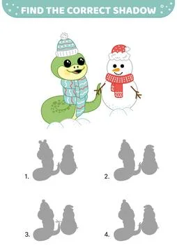 Find the correct shadow. Snake is creating a snowman. Cartoon, vector. Stock Illustration