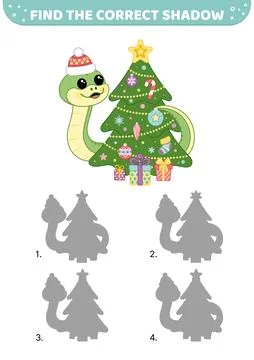 Find the correct shadow. Snake is decorating Christmas tree. Cartoon, vector Stock Illustration
