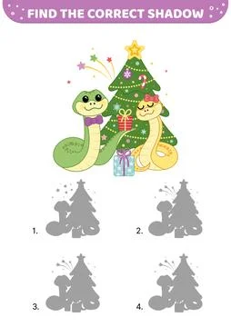 Find the correct shadow. Snakes is celebrating Christmas and New year. Cartoon Illustrazione stock