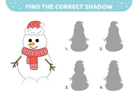 Find the correct shadow. Snowman. Shadow matching game. Cartoon, vector Stock Illustration