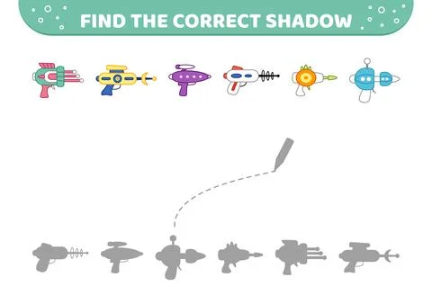 Find the correct shadow. Space gun, blaster. Shadow matching game. Cartoon Stock Illustration