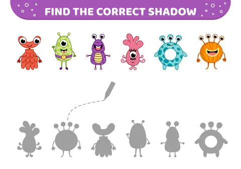 Find the correct shadow. Space monsters. Shadow matching game. Cartoon, vector Stock Illustration