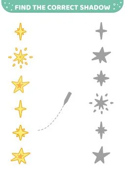Find the correct shadow. Stars. Shadow matching game. Cartoon, vector Stock Illustration