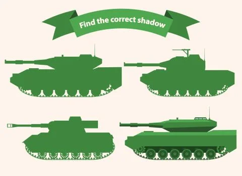 Find the correct shadow tank.Educational game for children military tanks . Stock Illustration