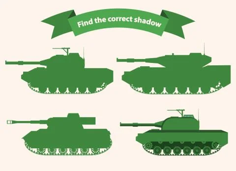 Find the correct shadow tank.Educational game for children military tanks . Stock Illustration