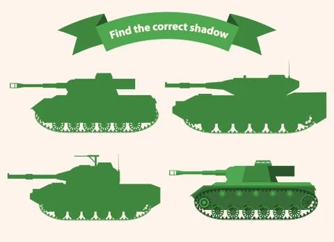Find the correct shadow tank.Educational game for children military tanks . Stock Illustration