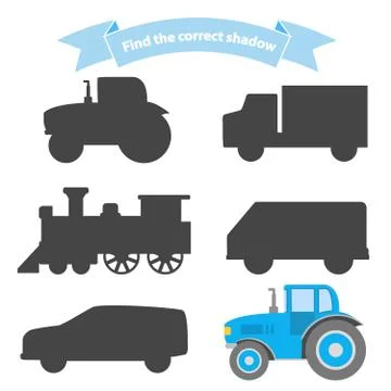 Find the correct shadow transport.Educational game for children car,steam loc Stock Illustration