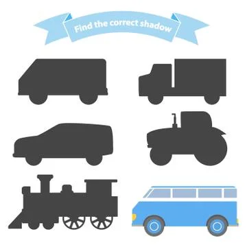 Find the correct shadow transport.Educational game for children car,steam loc Stock Illustration