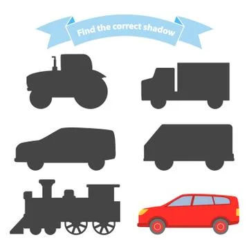 Find the correct shadow transport.Educational game for children car,steam loc Stock Illustration