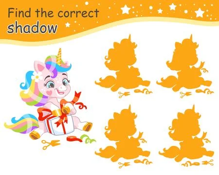 Find correct shadow unicorn with gift orange shadows vector Stock Illustration