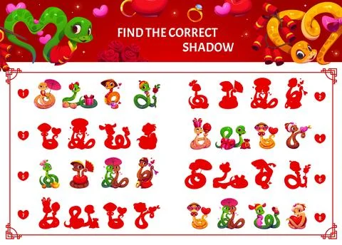 Find correct shadow of Valentine day lovely snakes Stock Illustration
