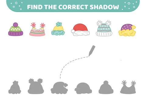 Find the correct shadow. Winter hats. Warm hats. Shadow matching game. Cartoon Illustrazione stock