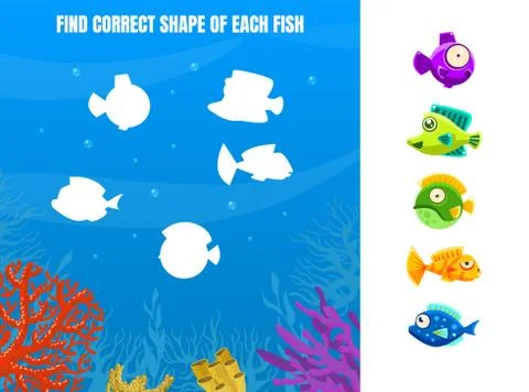 Find Correct Shape of Each Fish, Educational Game for Kids Vector Illustration Illustrazione stock