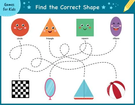 Find the correct shape. Maze game for kids. Learning shapes activity page Stock Illustration