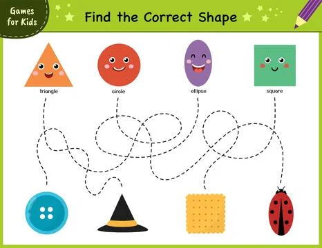 Find the correct shape. Maze game for kids. Learning shapes activity page Stock Illustration