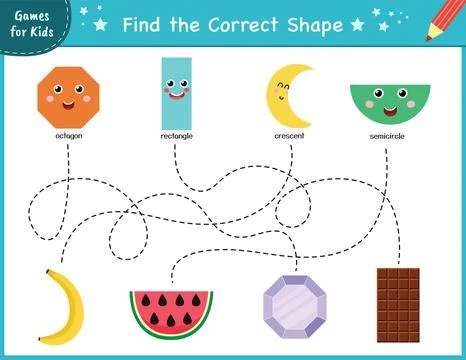 Find the correct shape. Maze game for kids. Learning shapes activity page Stock Illustration