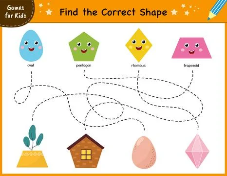 Find the correct shape mini game. Maze for kids. Learning shapes activity page Stock Illustration