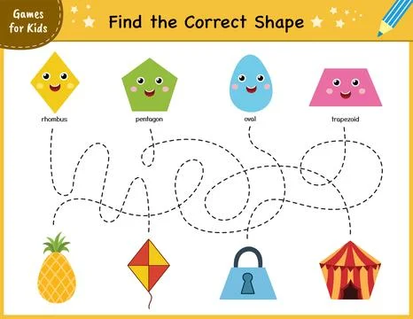 Find the correct shape mini game. Maze for kids. Learning shapes activity page Stock Illustration
